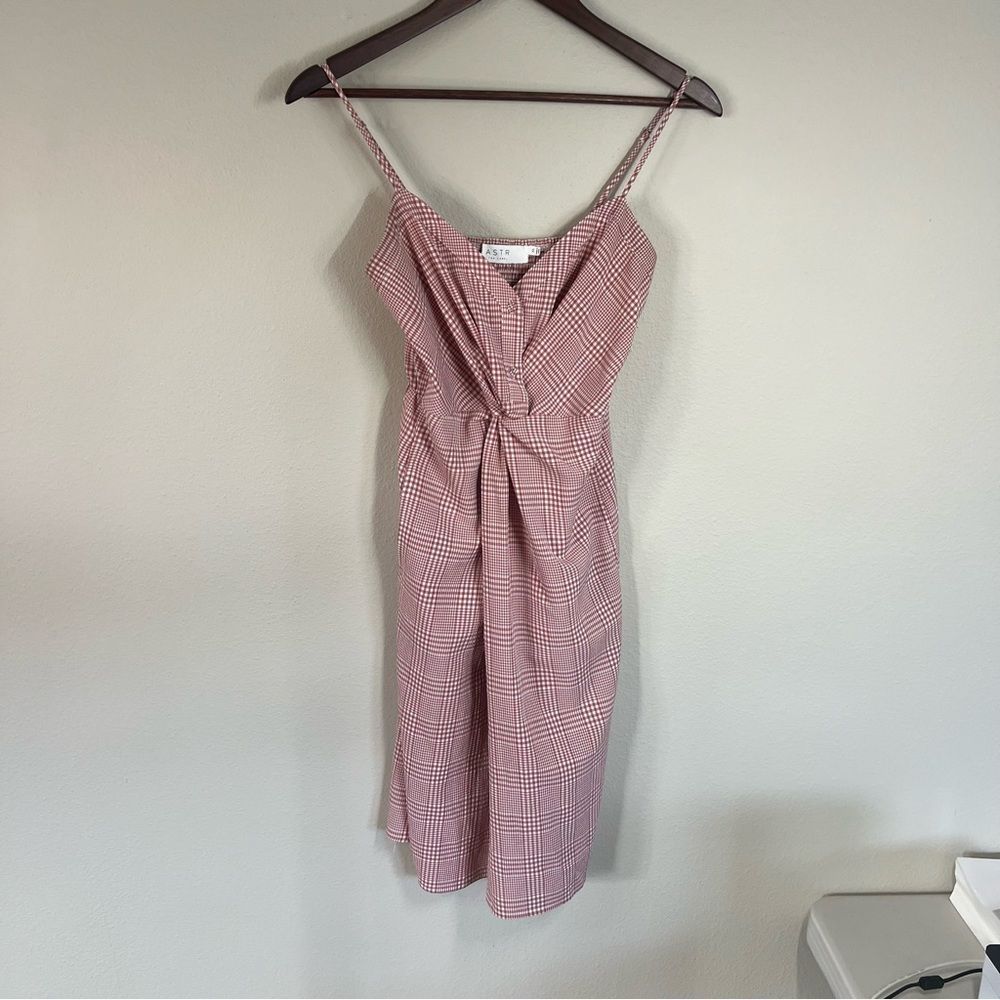 ASTR  Maxi Dress Pink/red Gingham Twist Front Smocked Side Slit Sleeveless XS